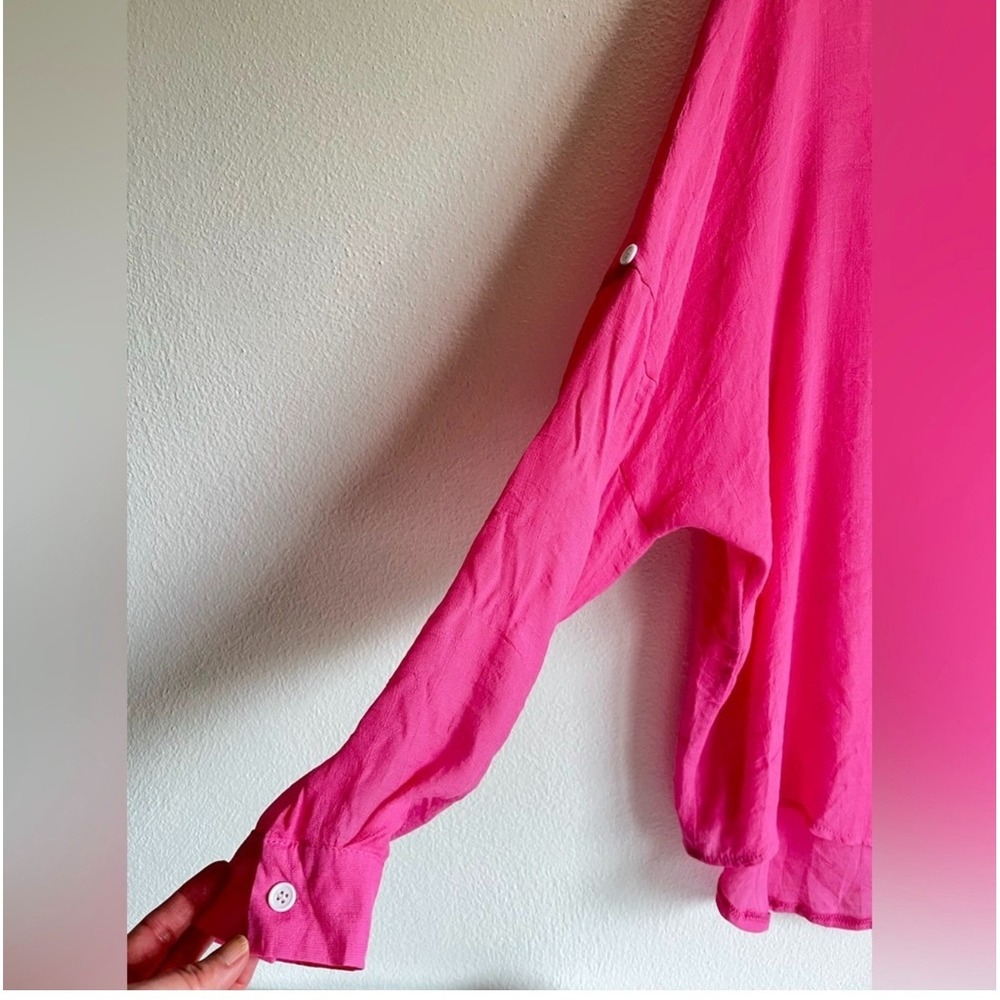 Anna-Kaci Hot Pink Button Down Boyfriend Shirt Roll Tab Coverup Blouse Size L - Picture 4 of 8